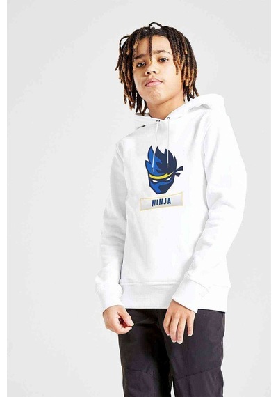 Fortnite Ninja 4 Baskılı Unisex Çocuk Kapüşonlu Beyaz Sweatshirt Beyaz
