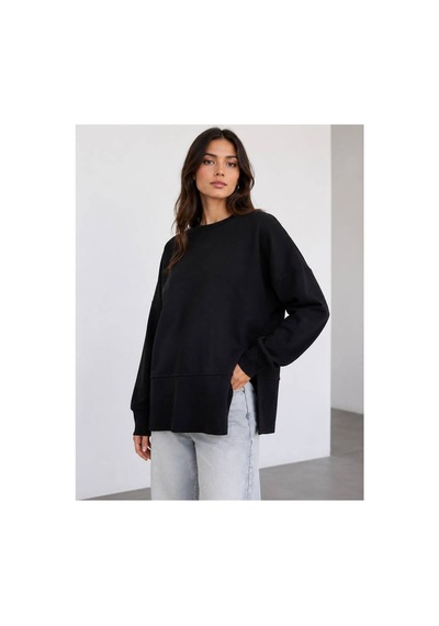 Herkesemoda Oversize/geniş Kalıp Yırtmaçlı Bisiklet Yaka Yumuşak Tuşeli Örme Sweatshirt Siyah