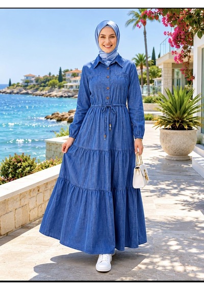 Hb Harma Time Butik Kadın Düğmeli Cepli Bağcıklı Tensel Kumaş Koyu Mavi Kot Elbise