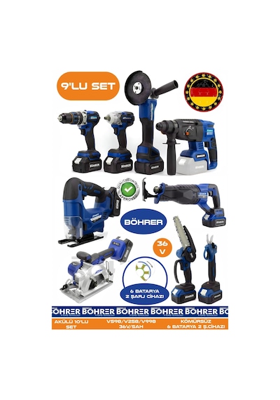Böhrer Ba01083m 9 Makine Kombo Set 6 Akülü 2 Şarjlı Kömürsüz V598 5ah Profesyonel -blue Mavi