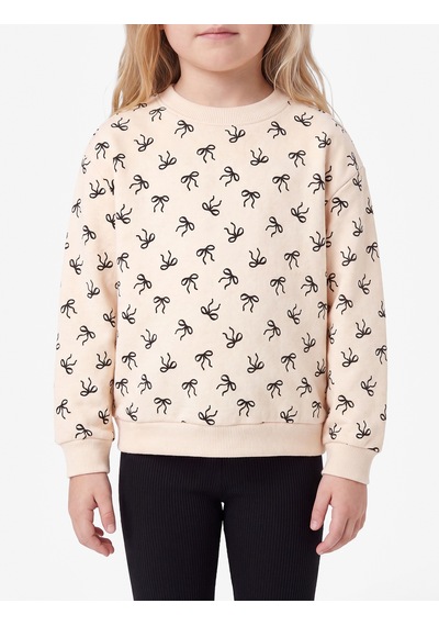 Koton Pamuklu Uzun Kollu Bisiklet Yaka Baskılı Şardonlu Fiyonklu Sweatshirt Bej Desenli 7wmg10029ak Ekru