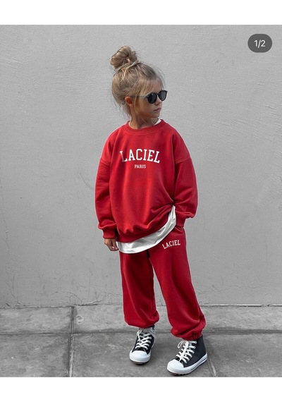 Çocuk Slogan Desenli Pamuklu Sweatshirt Eşofman Tayt Alt-üst Takım Kırmızı