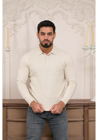 Woolen World Polo Yaka Slimfit Desenli Yünlü Erkek Triko Kazak Krem