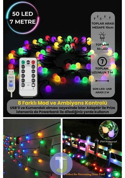 Technojet 50 Top Ledli Usbli Kumandalı 8 Modlu Led Işık Parti Süsleme Organizasyon 8 Metre