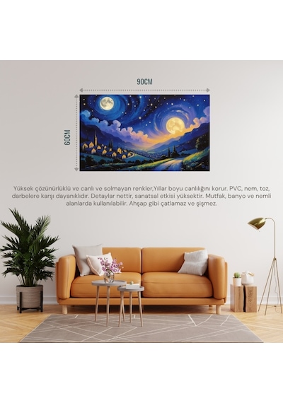Doğa Ve Manzara Yatay Sessiz Bir Köyün Üzerinde Yıldızlı Gece Parlayan Ay 06 Çerçevesiz 90x60cm Pvc Tablo