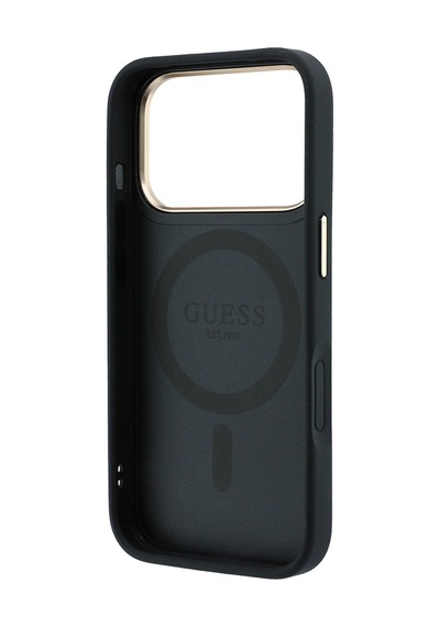 Apple iPhone Uyumlu 18 Pro Max Kılıf Guess Lisanslı M-safe Özellikli 360 Standlı Pu Metal Yazı Logolu Kapak Siyah
