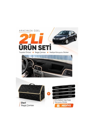 Renault Symbol Airbagsiz 2008-2011 Uyumlu Torpido Örtüsü + Deri Bagaj Çantası Seti - Siyah Bej