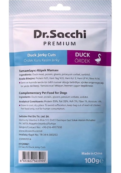 Dr.sacchi Premium Ördek Kuru Kesim Jerky Tahılsız Köpek Ödülü 100 Gr