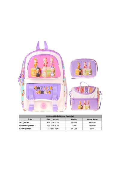 Kaukko Kids Cat Life Mor - Krem Renk Kız Çocuk Üçlü İlkokul Okul Çantası Seti/takımı - Setkk-l5313d