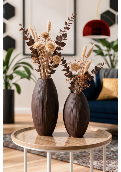 Coconut Hindistan Cevizi Dokulu Dekoratif 2'li Vazo Set - 20 Cm Pla - Salon Ve Masaüstü Vazo - Acı Kahve