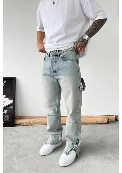 Eskitme Buz Mavi Paça Fermuar Detay Baggy Pantolon