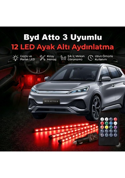 Byd Atto 3 Uyumlu Rgb Ayak Altı Led 12 Led Kumandalı Müzik Duyarlı Araç İçi Aydınlatma 7 Renk 12v 1