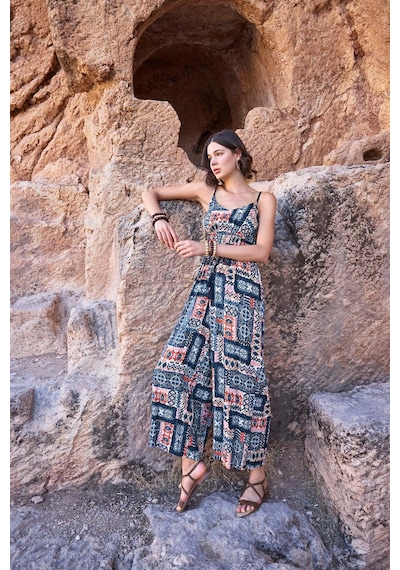 Monamise Kadın Etnik Desenli Tulum 23065-lacivert Lacivert