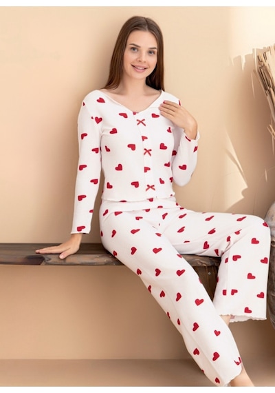 Kadın Kurdele Detaylı Kiraz Desenli U Yaka Likralı Pijama Takım Beyaz-kırmızı
