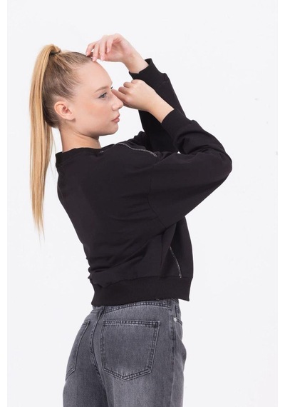 Kız Çocuk Sim Şeritli Taşlı Yarasakol Sweatshirt-13468 Siyah