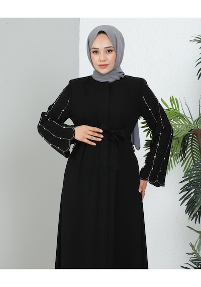 Eslemnur Kolu İnci Taşlı Ferace Siyah