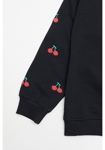 Kolları Kiraz Nakışlı Kız Çocuk Sweatshirt 26kcck7336132979-siyah Siyah