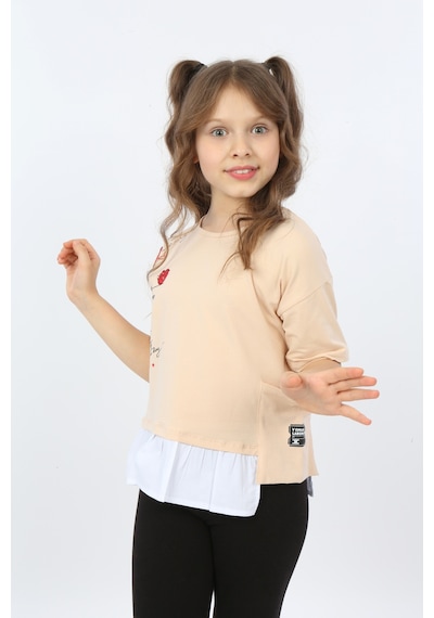 Toontoy Kids Toontoy Kız Çocuk Cool And Fancy Yazılı Kalp Baskılı Tişört Bej