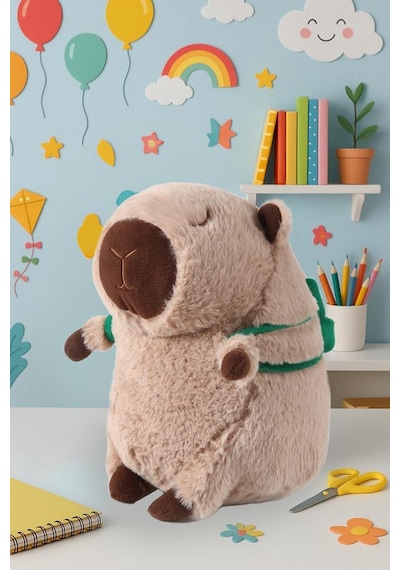 Sevimli Kapibara Kaplumbağa Oturan Sırt Çantalı Peluş Oyuncak 33cm Çok Renkli