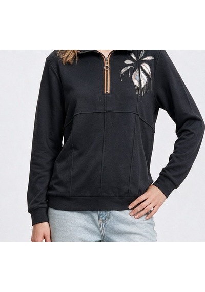 Vedi-bb Kadın Dik Yaka Yarım Fermuarlı İşlemeli Uzun Kollu Sweatshirt Siyah