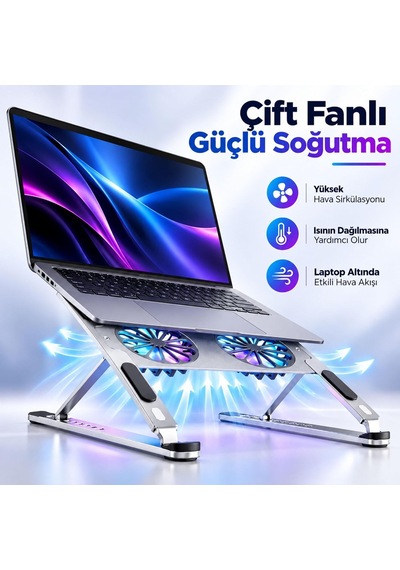 Çift Fanlı Laptop Soğutucu Stand, 8 Kademeli Ayarlanabilir Metal Stand P-11
