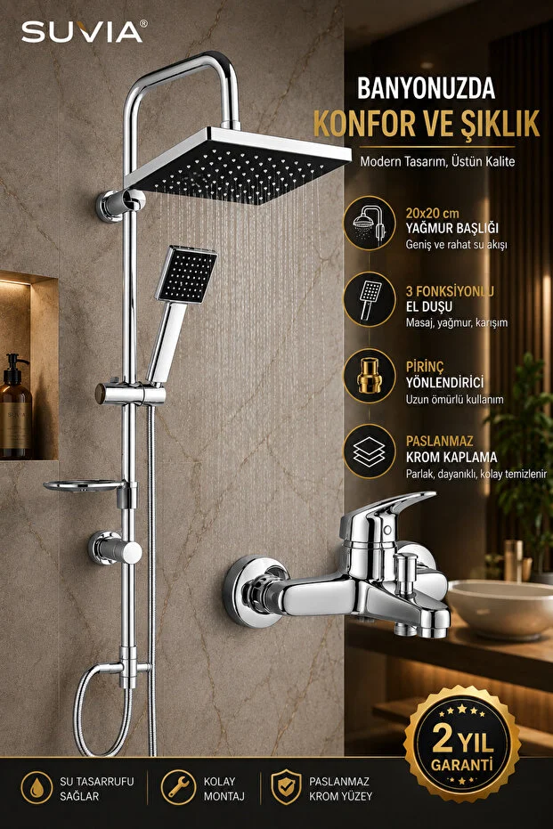 Duş Seti Banyo Bataryası Yağmurlama Duş Sistemi Fonksiyonlu El Duşu Pirinç Yönlendiricili Krom