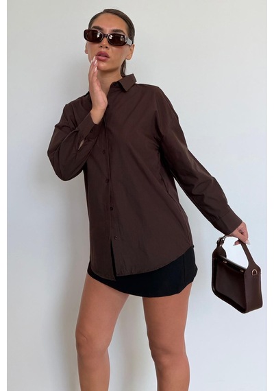 Madmext Kahverengi Basic Kadın Gömlek Mg2355 Kahverengi