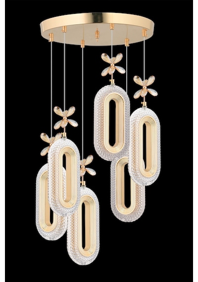 LumiaLighting Eclipse Model 6'lı Kumandalı Gold 3 Renk Modu Ledli Kristal Taşlı Modern Salon Mutfak Oturma Odası Led Avize Altın