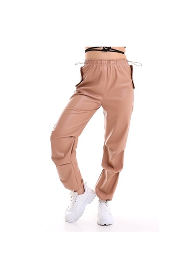 Winmoda34 Kadın Paçası Ayarlanabilir Cebi Kapaklı Yüksek Bel Deri Pantolon Camel