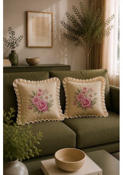 2'li Fırfırlı Çiçek Desenli Dekoratif Kırlent Kılıfı %100 Pamuk Organik Boya Baskılı 45x45 Cm Çok Renkli