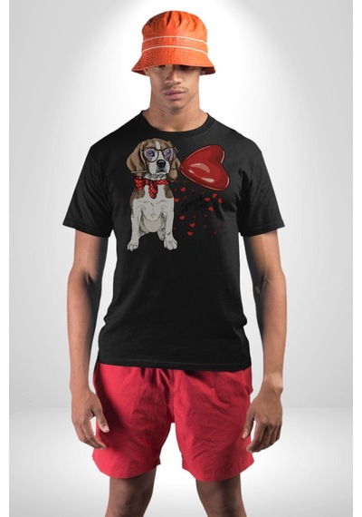 Poodle Ve Beagle Sevililer Günü Hediyesi Unisex Unisex Siyah Organik Baskılı T-shirt Penye Yüksek Kalite Siyah