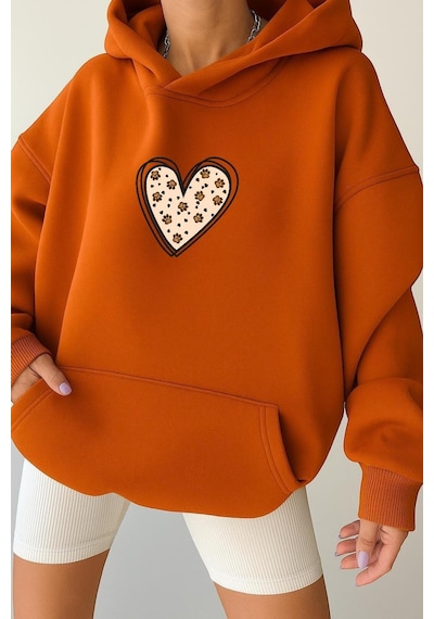 Benroma 3 İplik Penye Kalp Unisex Kapüşonlu Sweat Turuncu