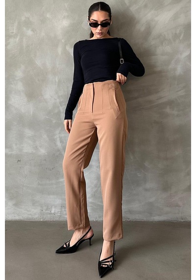 Dokuma Camel Yüksek Bel Kadın Kumaş Pantolon Sh192 S