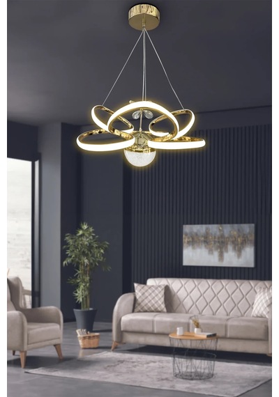 Kral Tacı Model Tek Toplu Led Avize - 3 Renk Kumandalı - Gold Gold