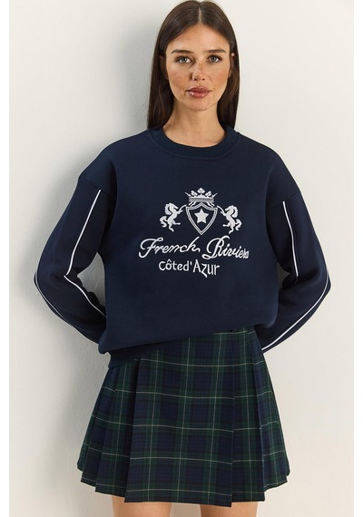 Shade Kadın Bisiklet Yaka Nakış İşlemeli Üç İplik Şardonlu Sweatshirt 60601049 - Lacivert