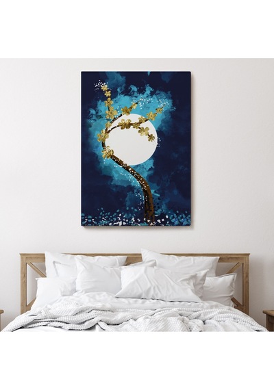 Altın Çiçekli Ağaç Ve Ve Ay Kanva Tablo, Soyut Çağdaş Sanat Örneği-4971 50 X 70