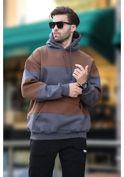 Madmext Füme Kapüşonlu Renk Bloklu Cep Detaylı Erkek Sweatshirt 7044 Füme