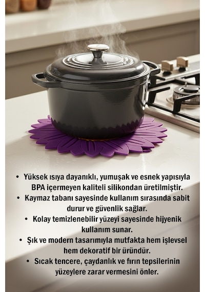 Ayçiçeği Model Kaymaz Silikon Nihale Tencere, Tava, Çaydanlık Ve Servis Altlığı 18,5 X 18,5 Cm Mor