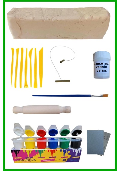 Dsh Doğal Seramik Hamuru Seramik Hamuru 4000 Gr, 7li Plastik Ebeşuar Modelaj Seti , Kesme Teli-ipi, Guaj, Doğal Kil
