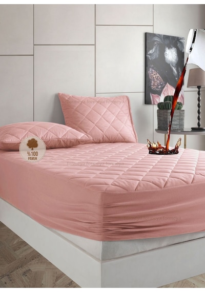 %100 Pamuk Renkli Kapitone Sıvı Geçirmez Alez Çarşaf - Pembe