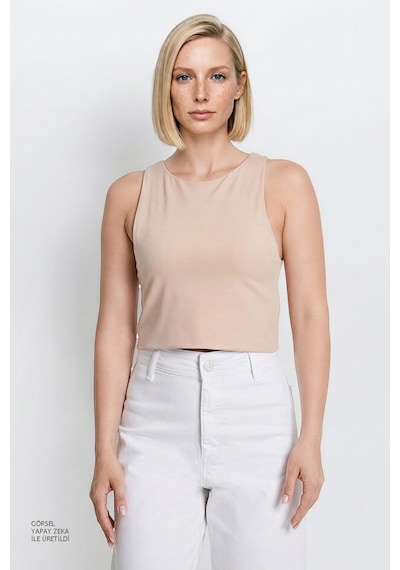 Ac&co / Altınyıldız Classics Kadın Bej Standart Fit Normal Kesim Bisiklet Yaka Crop Body