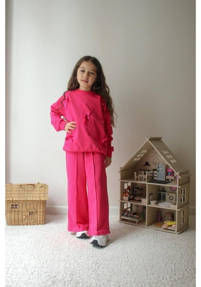 Jeliboomkidswear Kız Çocuk Kurdele Detay 3-10 Yaş 2 İplik Günlük Eşofman Takımı Pembe