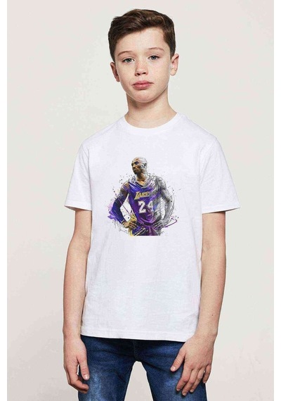 Tshirthane Lakers Basketbolcu Baskılı Unisex Çocuk Beyaz T-Shirt