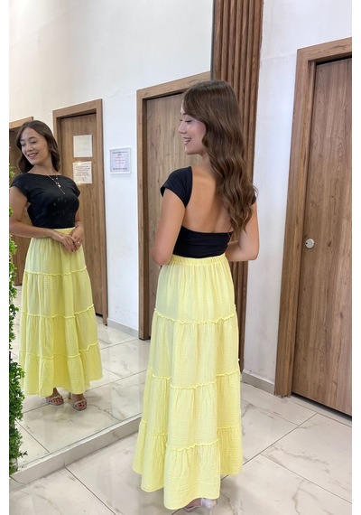 By Saygı Kadın Beli Lastikli Katlı Müslin Uzun Etek Sarı