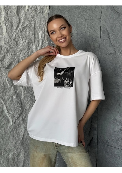 Manıfest Yourself Baskılı Oversize Tişört Beyaz