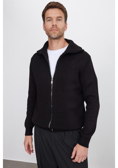 Tudors Erkek Slim Fit Dik Yaka Fermuarlı Siyah Düz Hırka-41798 Siyah