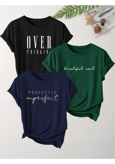 Uyguntarz Unisex Siyah Lacivert Yeşil 3'lü Tasarım Tshirt Seti Çok Renkli