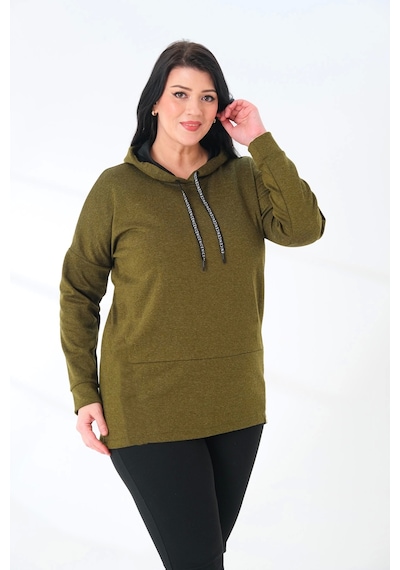 Lady Majestic Büyük Beden Kapüşonlu Sweatshirt Haki