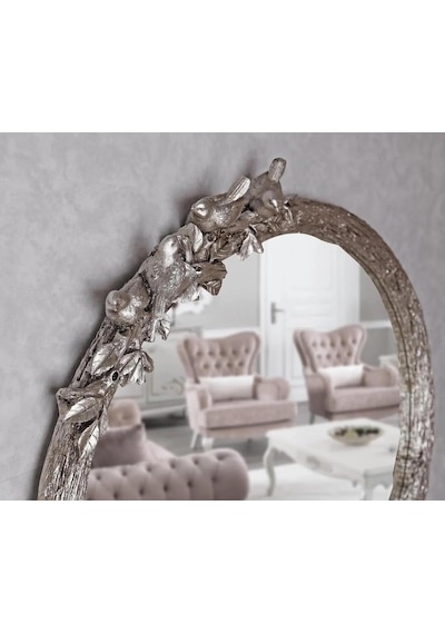 Kuş Figürlü Dekoratif Duvar Aynası Ağaç Dalı Tasarım Oval Ayna, Salon Antre İçin Şık Ayna Gümüş Diğer