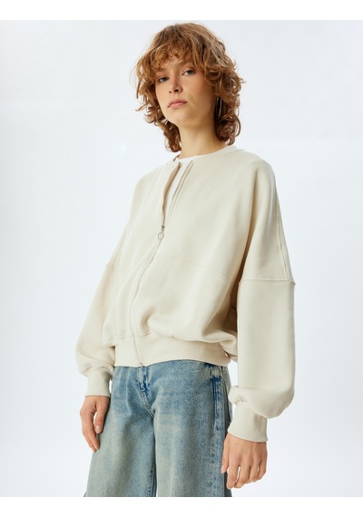 Koton Oversize Fermuarlı Sweatshirt Dikiş Detaylı Bisiklet Yaka Bej 5wal10014ık Ekru
